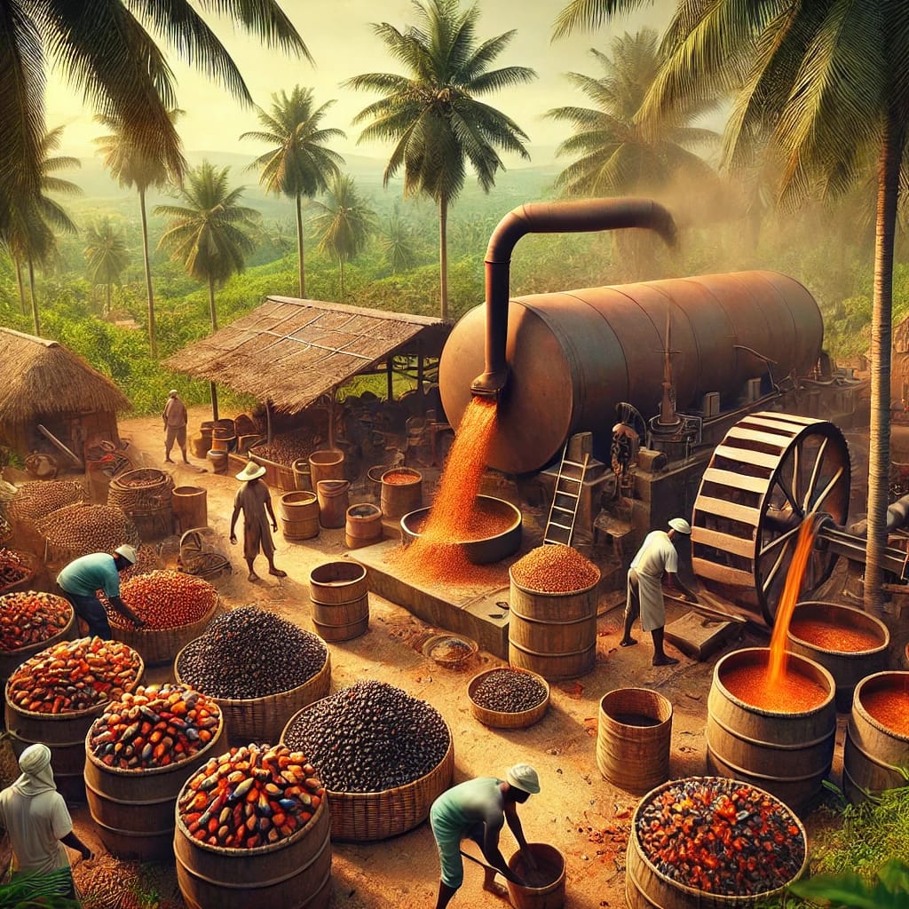 An-image-of-a-traditional-palm-oil-processing-mill-in-Nigeria-capturing-the-vibrant-atmosphere-and-detailed-machinery-used-in-the-palm-oil-production