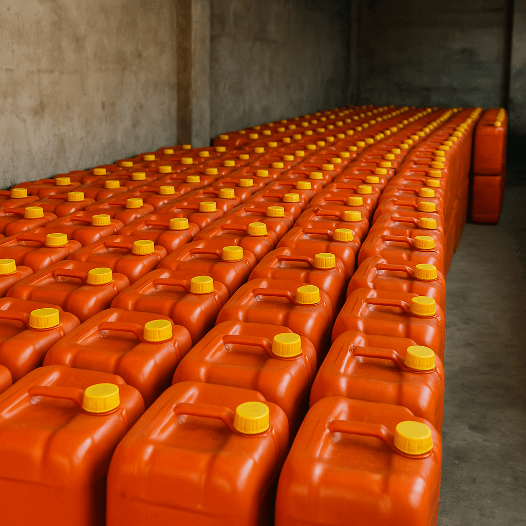 Palm oil stored in drums inside a Nigerian warehouse – bulk supply for cooking and resale on WhuDeySell online food store.