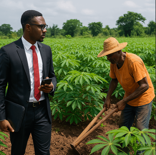 Nigerian businessman observing cassava farming activity in a rural agricultural field, representing remote farming investment opportunities in Nigeria.