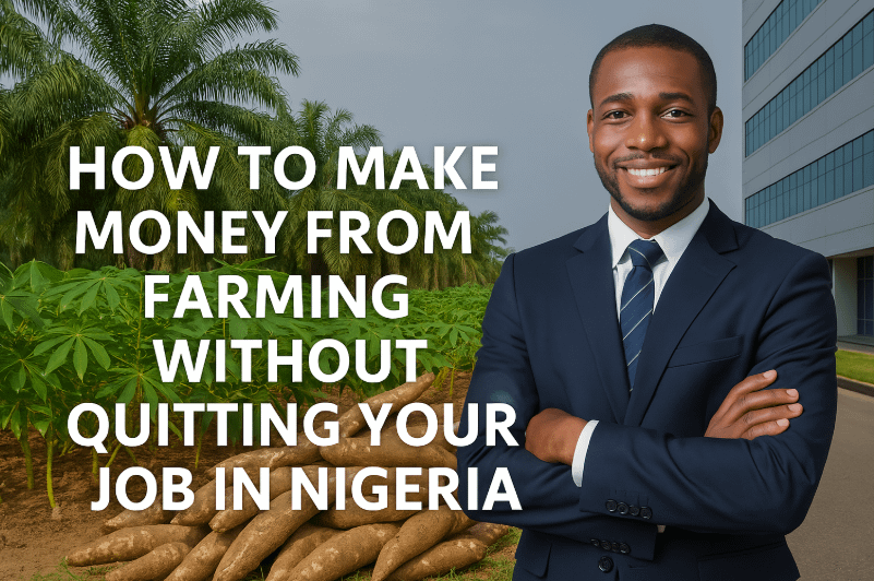 Nigerian professional in a business suit overseeing cassava farming in rural Nigeria, representing remote investment and farming by proxy opportunities.