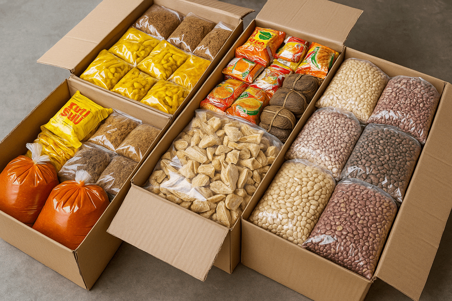 Export-ready Nigerian foodstuffs packed in cartons for international delivery to the UK, US, and Canada from WhuDeySell online food store.