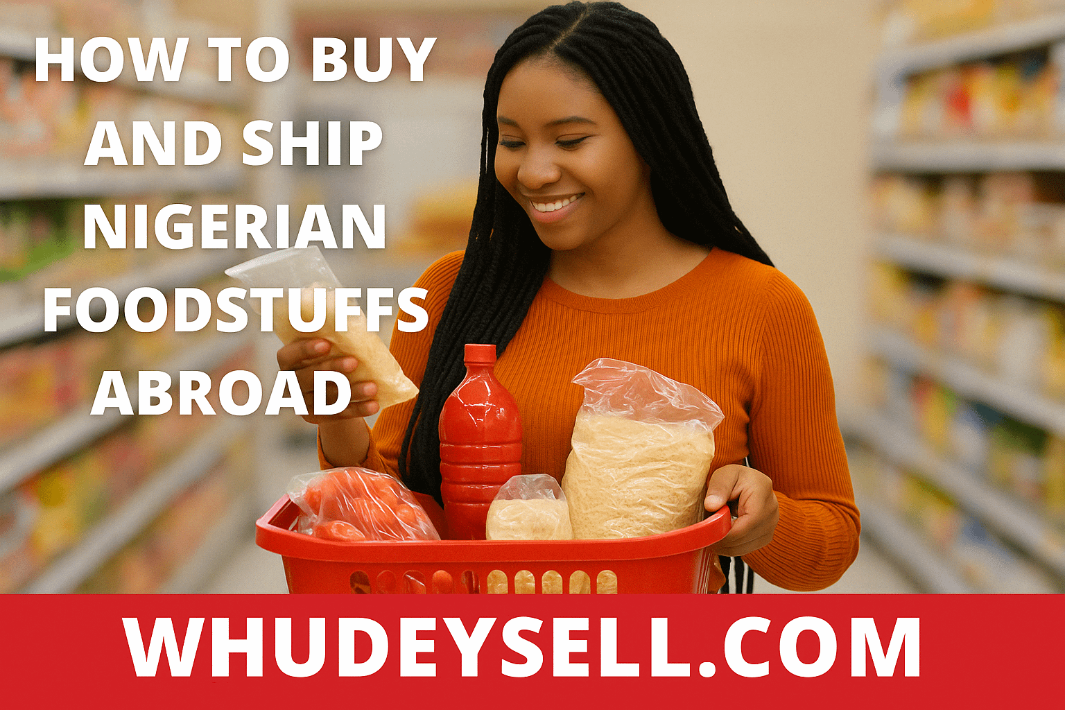 Nigerian woman shopping with a basket filled with palm oil, garri, and tomatoes — online grocery image for WhuDeySell Nigerian food delivery abroad.