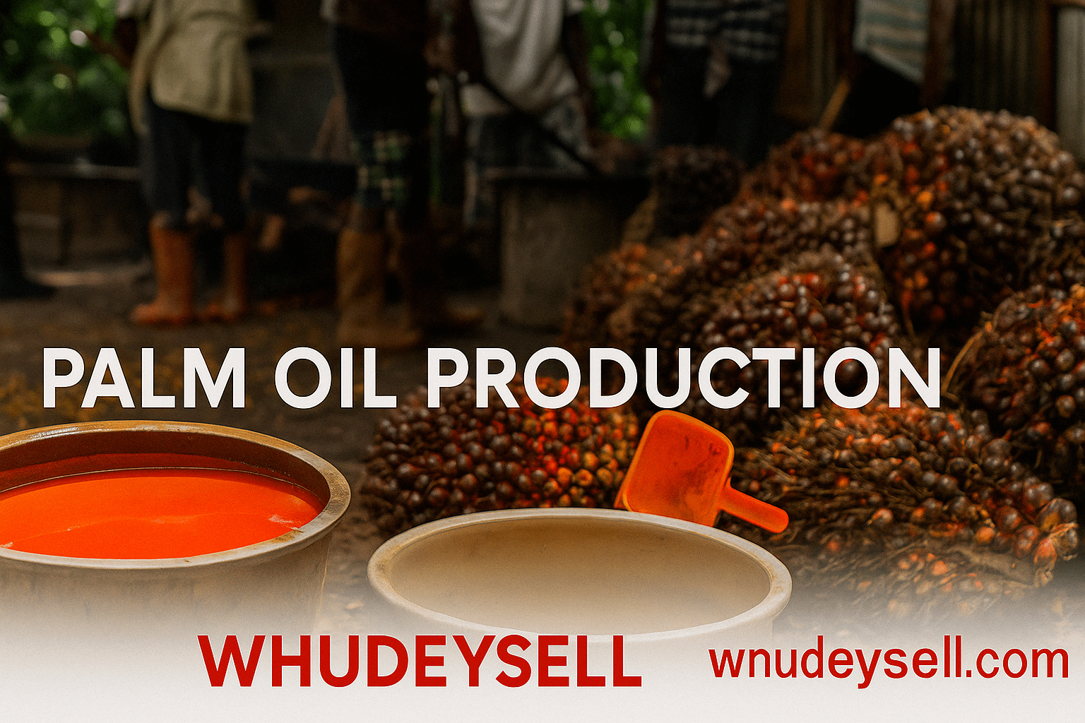 Workers producing palm oil in Nigeria with boiling drums and palm fruits — authentic farm scene featured by WhuDeySell.com.